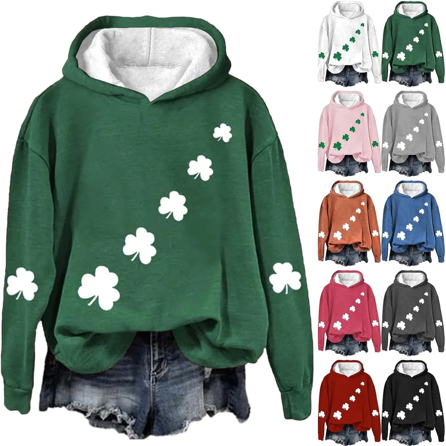 St Patrick's Day Womens Hoodie, Green Irish Shamrock Printed Sweatshirt, Clover Lucky Long Sleeve Oversized Shirts Tops