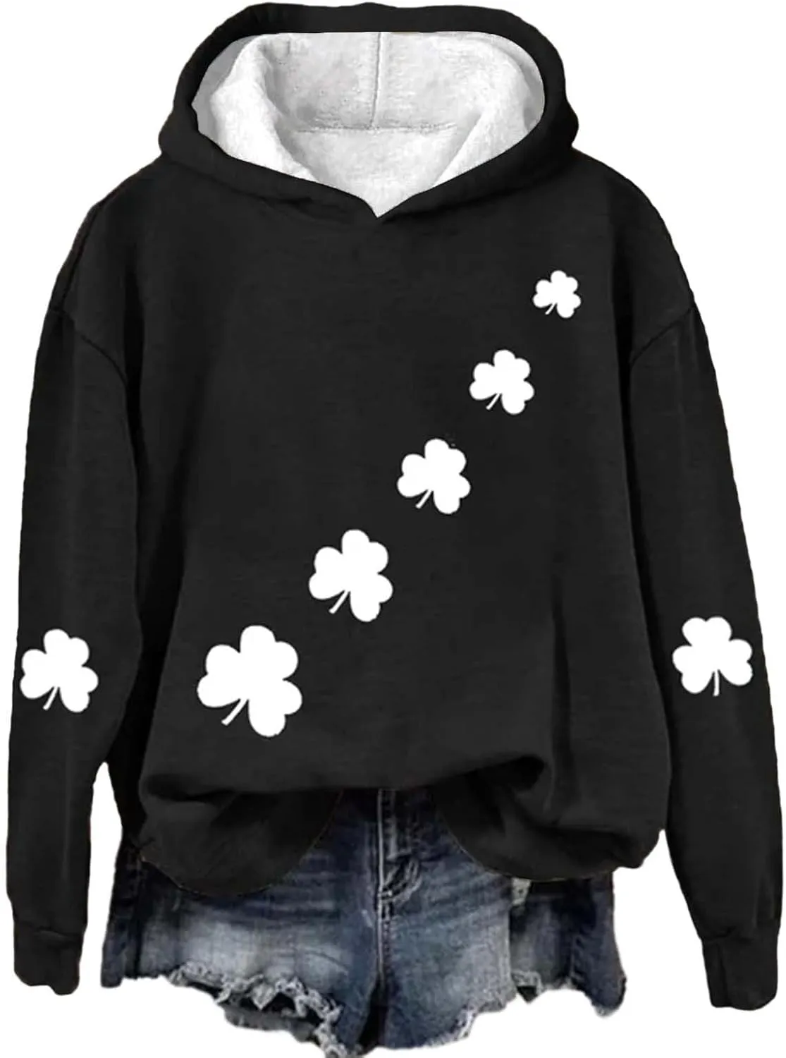 St Patrick's Day Womens Hoodie, Green Irish Shamrock Printed Sweatshirt, Clover Lucky Long Sleeve Oversized Shirts Tops