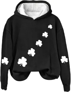 St Patrick's Day Womens Hoodie, Green Irish Shamrock Printed Sweatshirt, Clover Lucky Long Sleeve Oversized Shirts Tops