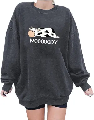 Stessotudo Oversized Sweatshirts for Women Cow Print Cute Long Sleeve Tops Funny Sayings Pullover Casual Western Shirts 2023