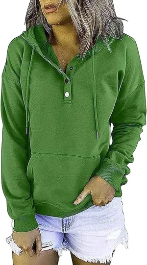 Stessotudo Womens Hoodies Casual Long Sleeve Solid Sweatshirts Buttons Drawstring Athletic Pullover Hooded Tops with Pocket