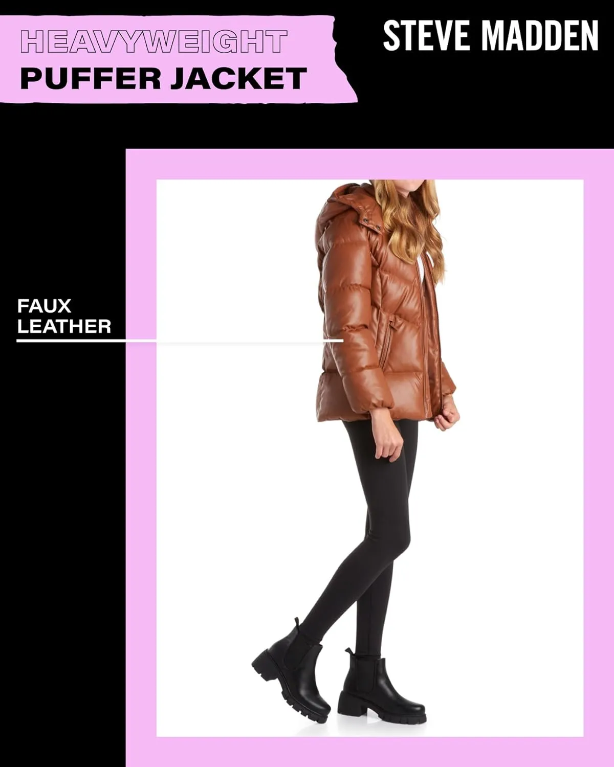 Steve Madden Girls' Jacket  Heavyweight Faux Leather Quilted Puffer Coat for Girls (4-16)