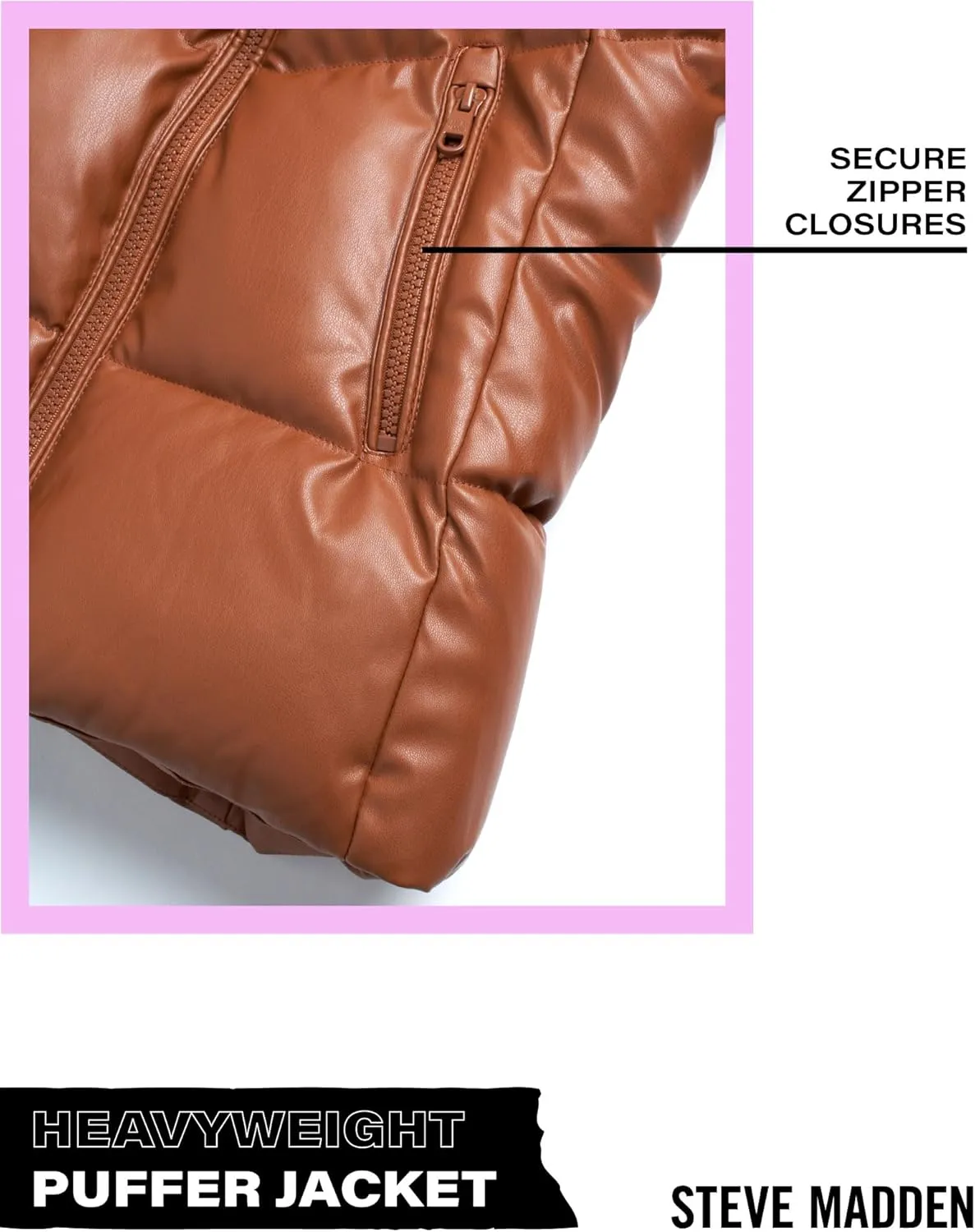 Steve Madden Girls' Jacket  Heavyweight Faux Leather Quilted Puffer Coat for Girls (4-16)