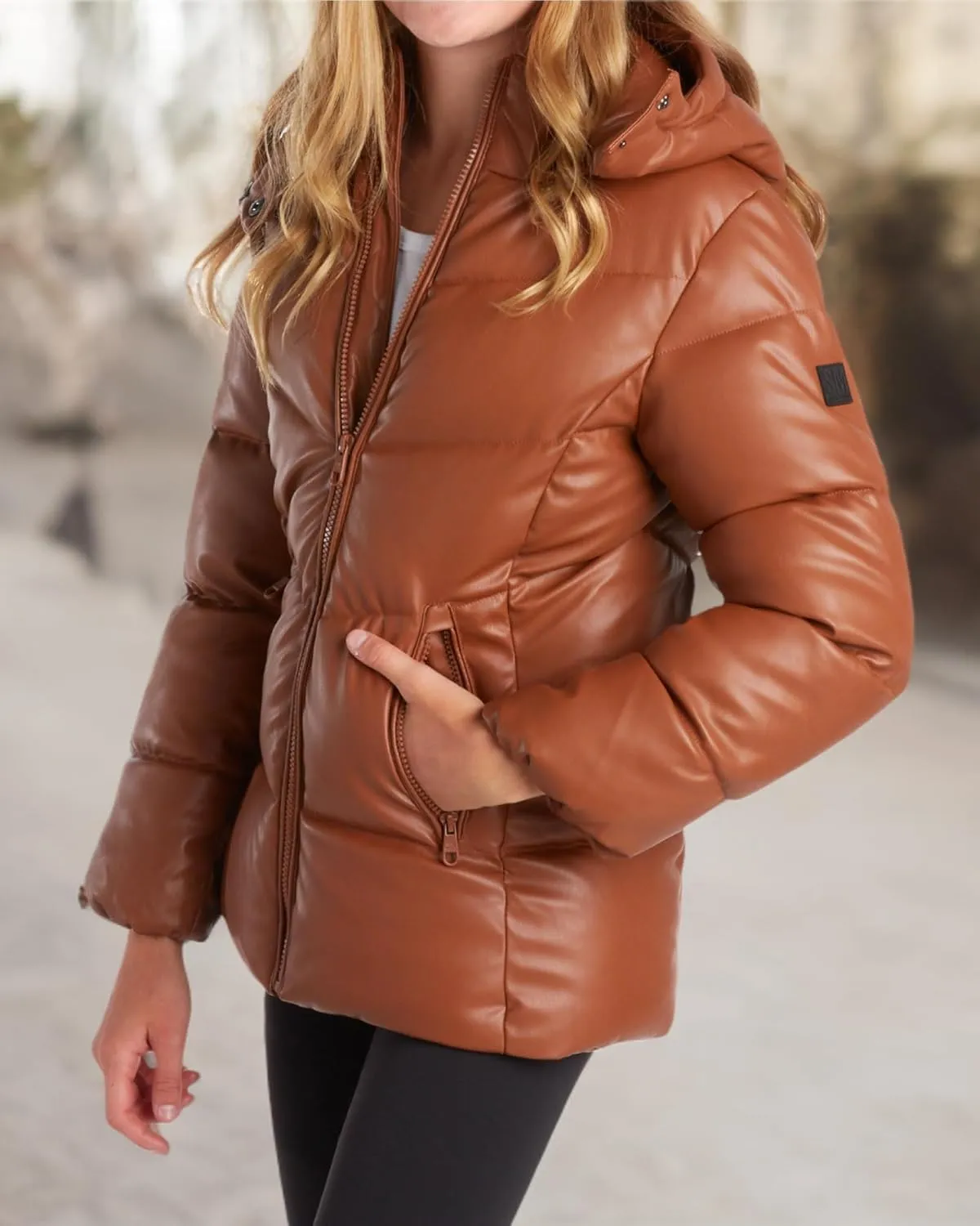 Steve Madden Girls' Jacket  Heavyweight Faux Leather Quilted Puffer Coat for Girls (4-16)