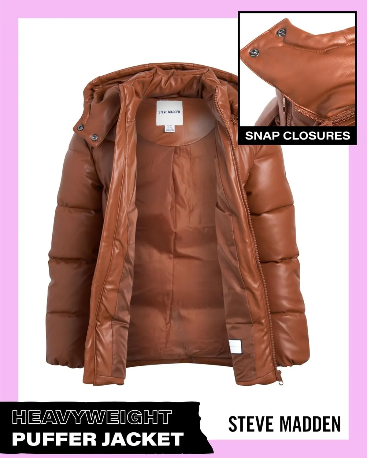 Steve Madden Girls' Jacket  Heavyweight Faux Leather Quilted Puffer Coat for Girls (4-16)