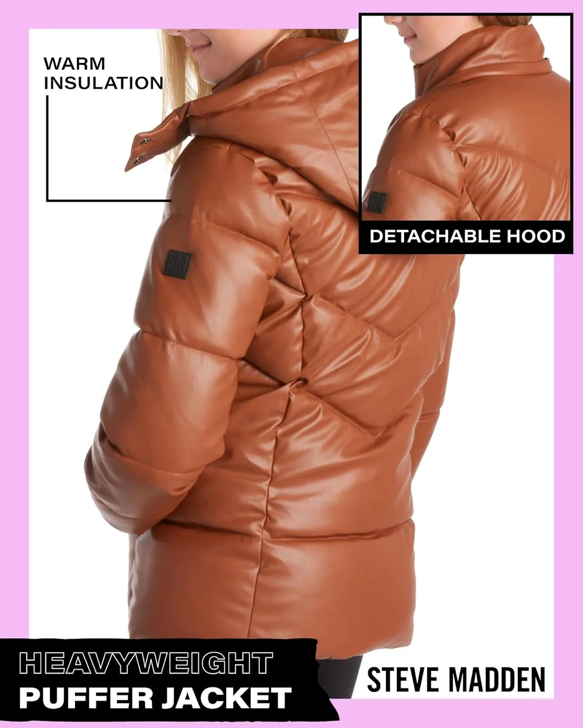 Steve Madden Girls' Jacket  Heavyweight Faux Leather Quilted Puffer Coat for Girls (4-16)