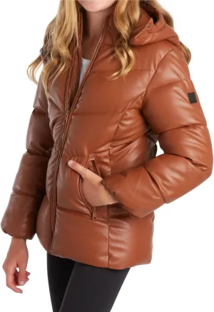 Steve Madden Girls' Jacket  Heavyweight Faux Leather Quilted Puffer Coat for Girls (4-16)