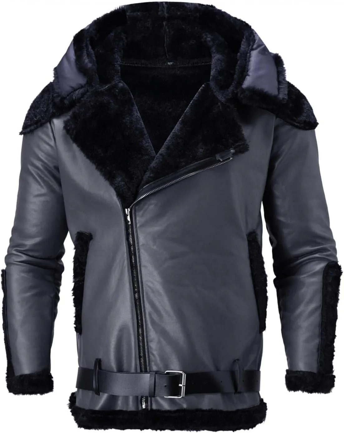 Stoota Mens Winter Warm Thick Faux Leather/Fur Slim Fit Cotton Padded Coat Long Jacket Parka Hooded Pea Coat Winter Coat