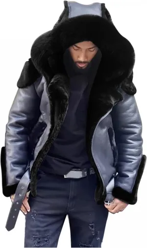 Stoota Mens Winter Warm Thick Faux Leather/Fur Slim Fit Cotton Padded Coat Long Jacket Parka Hooded Pea Coat Winter Coat