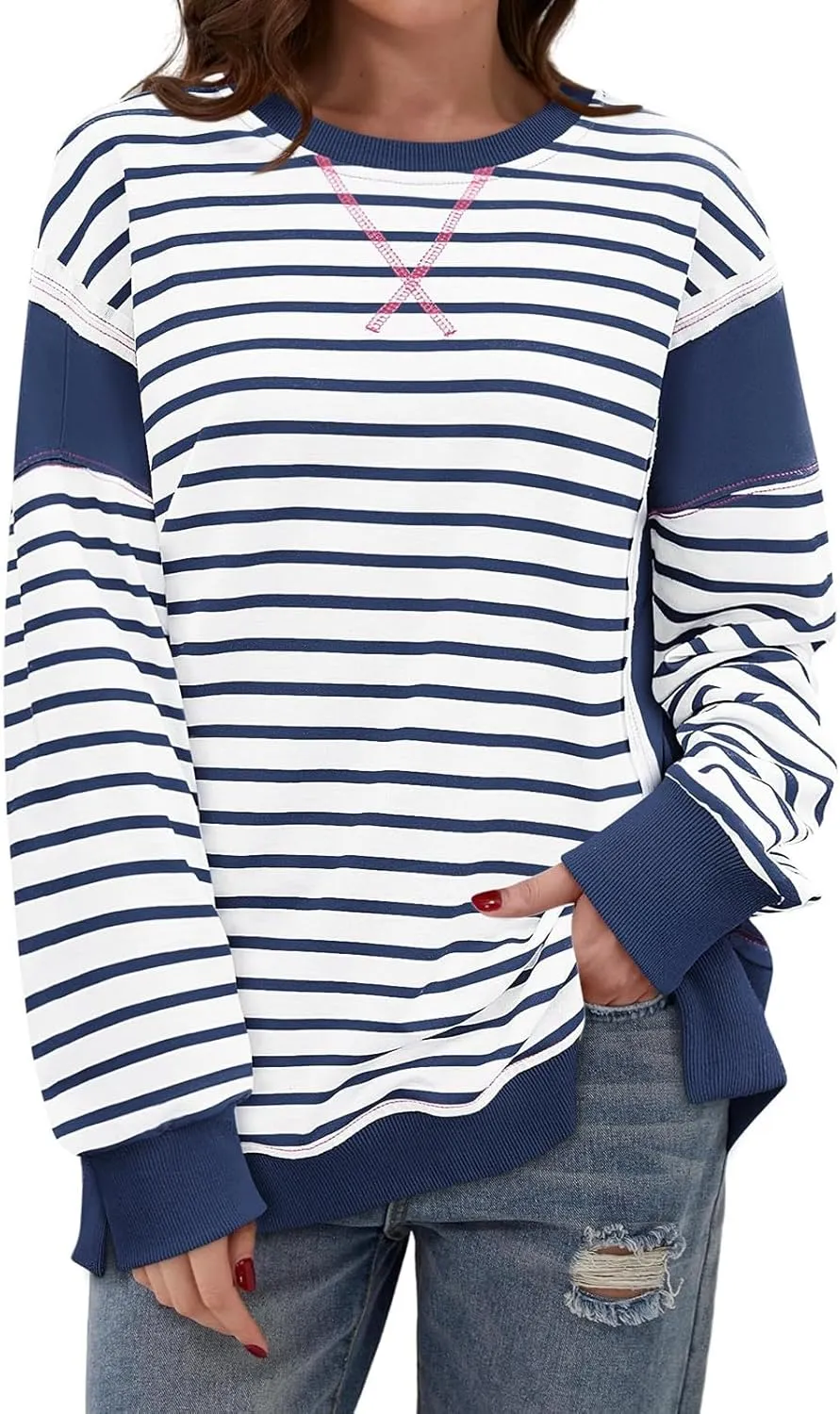 Striped Crew Neck Sweatshirts Women Cute Preppy Teen Girls Sweatshirts Comfy Y2k Fall Outfits Tops