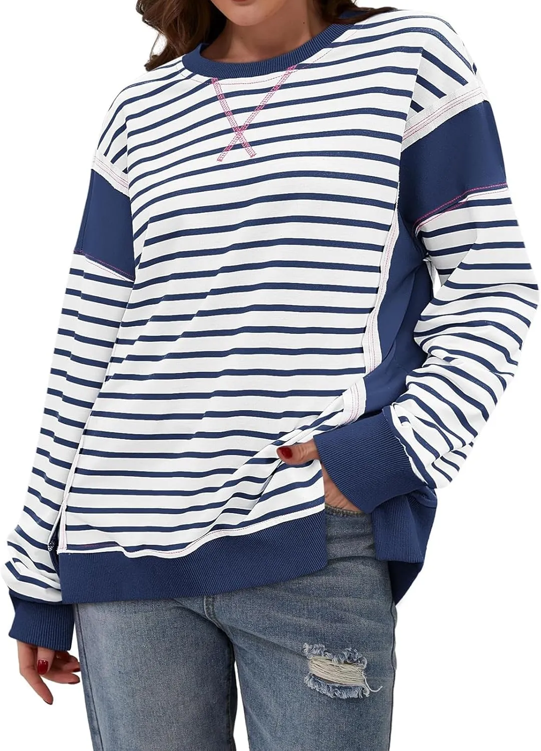 Striped Crew Neck Sweatshirts Women Cute Preppy Teen Girls Sweatshirts Comfy Y2k Fall Outfits Tops