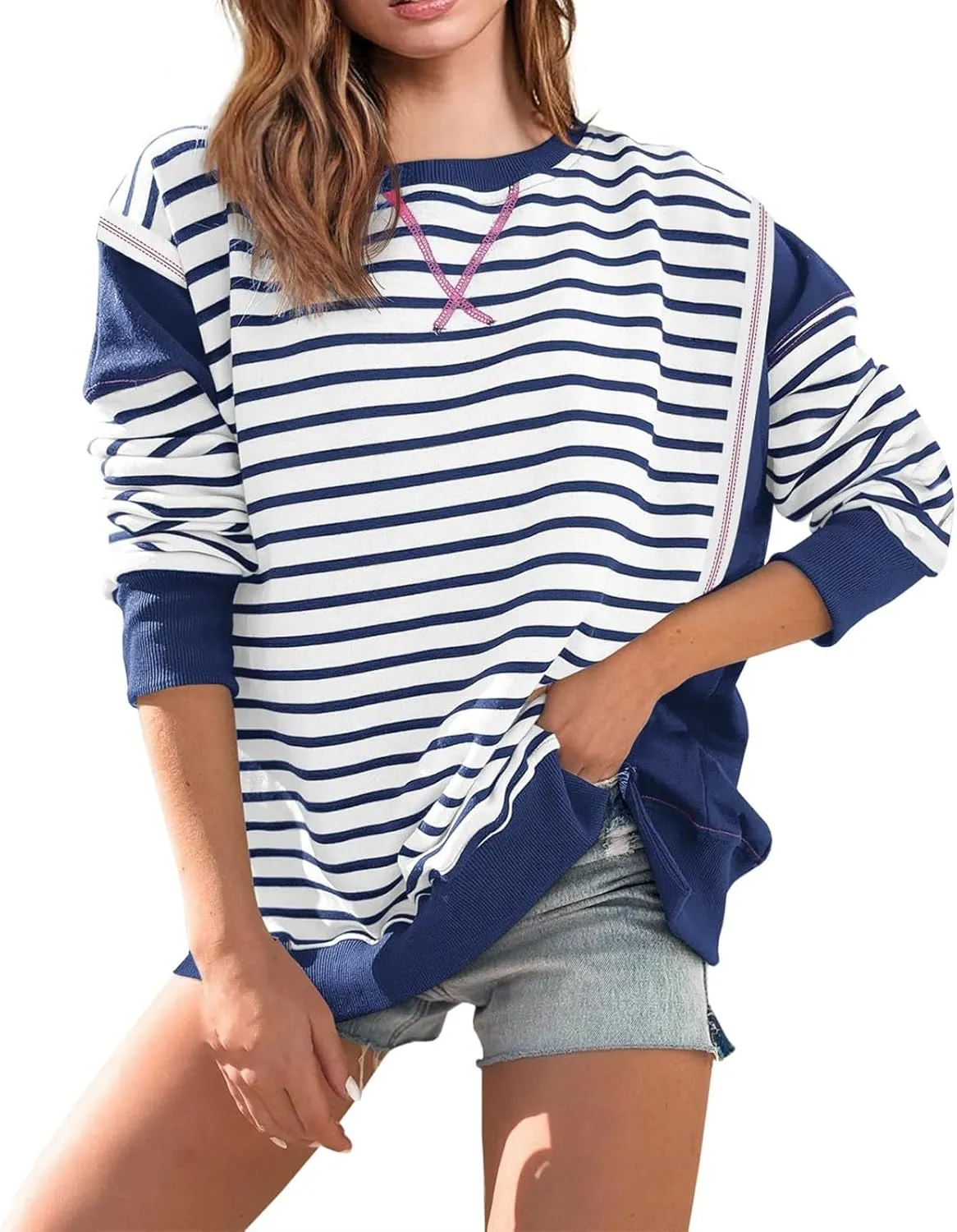 Striped Crew Neck Sweatshirts Women Cute Preppy Teen Girls Sweatshirts Comfy Y2k Fall Outfits Tops