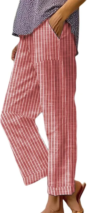 Striped Linen Pants Women Elastic Waist Loose Wide Leg Trousers Plus Size Summer Beach Casual Pockets Sweatpants