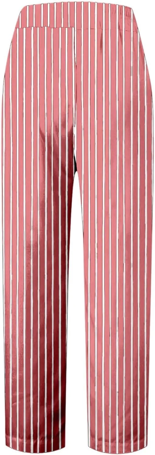 Striped Linen Pants Women Elastic Waist Loose Wide Leg Trousers Plus Size Summer Beach Casual Pockets Sweatpants