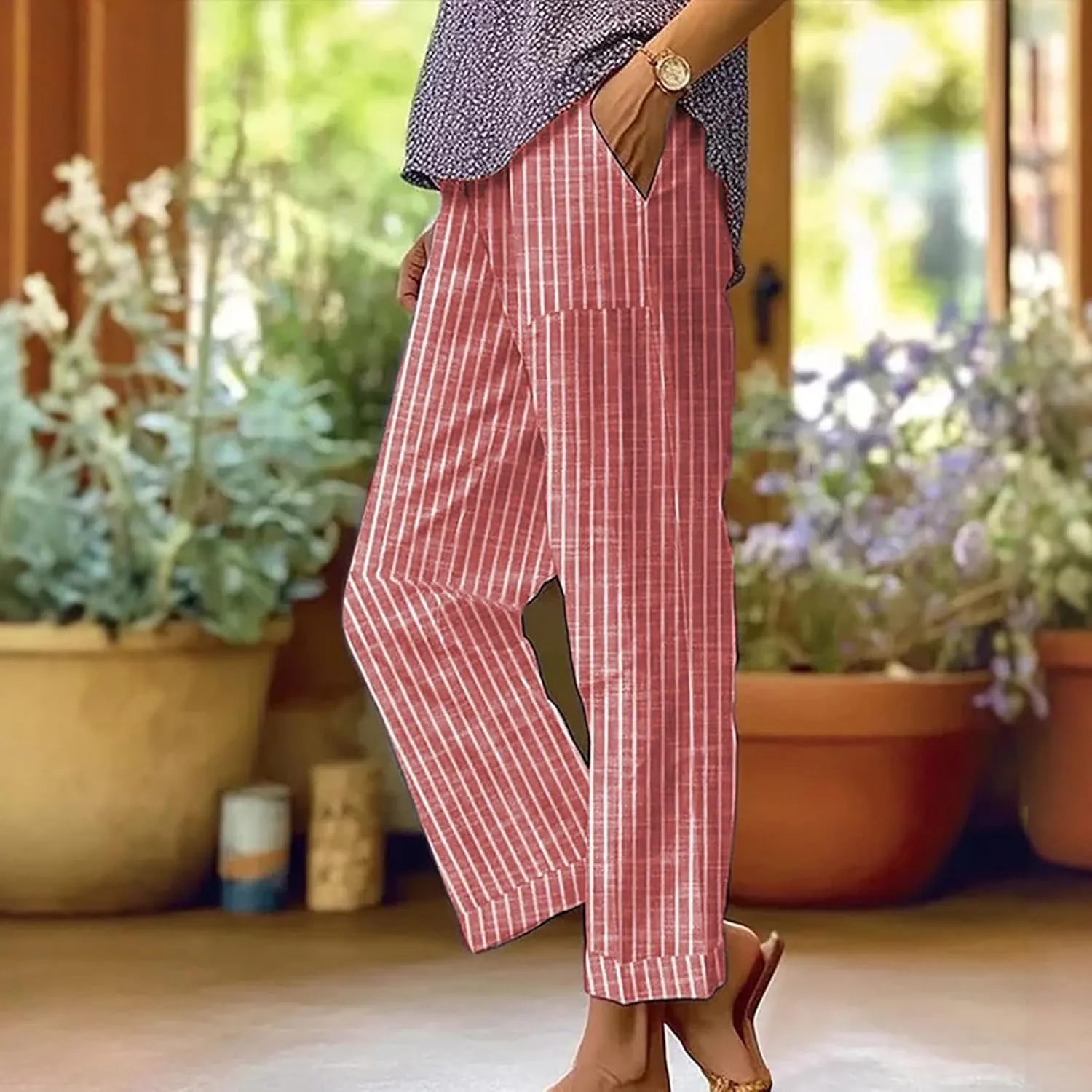 Striped Linen Pants Women Elastic Waist Loose Wide Leg Trousers Plus Size Summer Beach Casual Pockets Sweatpants