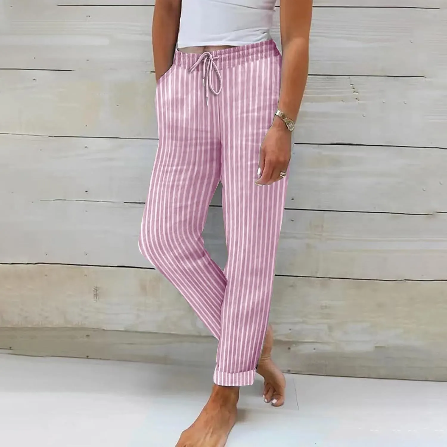Striped Linen Pants Women Straight Leg Elastic Waist Lounge Capri Pants Summer Drawstring Casual Work Pants Trousers