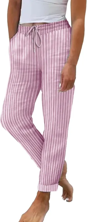 Striped Linen Pants Women Straight Leg Elastic Waist Lounge Capri Pants Summer Drawstring Casual Work Pants Trousers