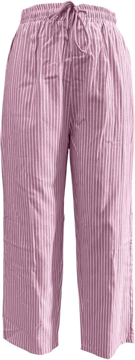 Striped Linen Pants Women Straight Leg Elastic Waist Lounge Capri Pants Summer Drawstring Casual Work Pants Trousers