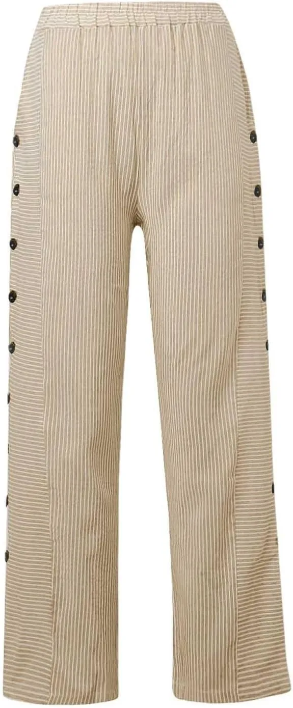 Striped Wide Leg Pants Woman Elastic High Waist Side Button Trousers Lightweight Straight Leg Cropped Pants w/Pockets