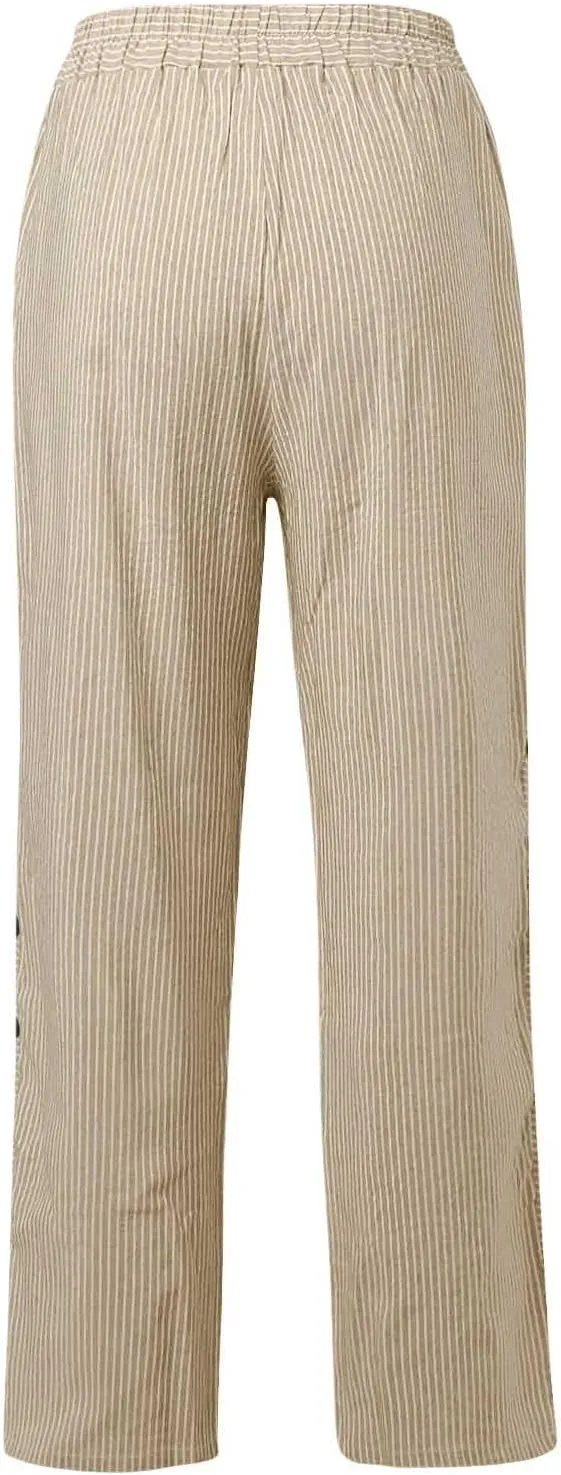 Striped Wide Leg Pants Woman Elastic High Waist Side Button Trousers Lightweight Straight Leg Cropped Pants w/Pockets