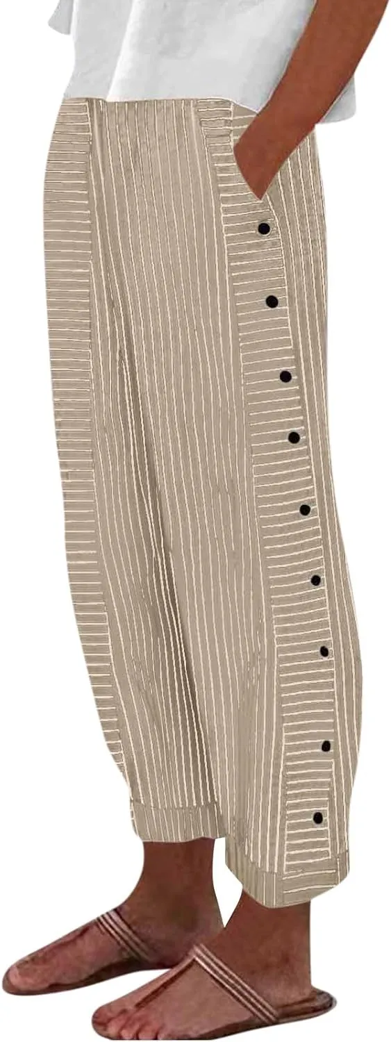Striped Wide Leg Pants Woman Elastic High Waist Side Button Trousers Lightweight Straight Leg Cropped Pants w/Pockets