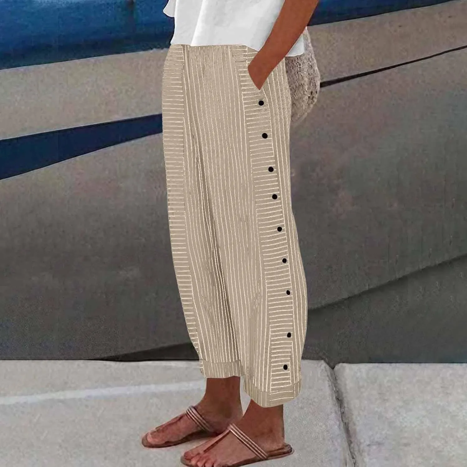 Striped Wide Leg Pants Woman Elastic High Waist Side Button Trousers Lightweight Straight Leg Cropped Pants w/Pockets