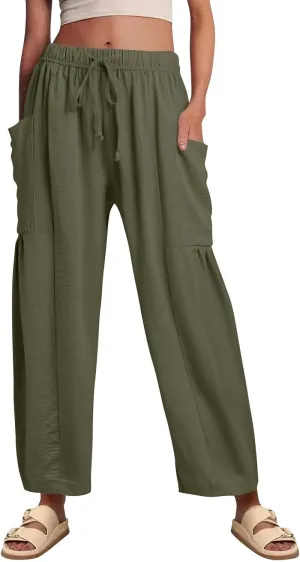 Summer Casual Pants for Women Linen Drawstring Loose Wide Leg Pants Flowy High Waisted Solid 2025 Trouser Multi-Pocket