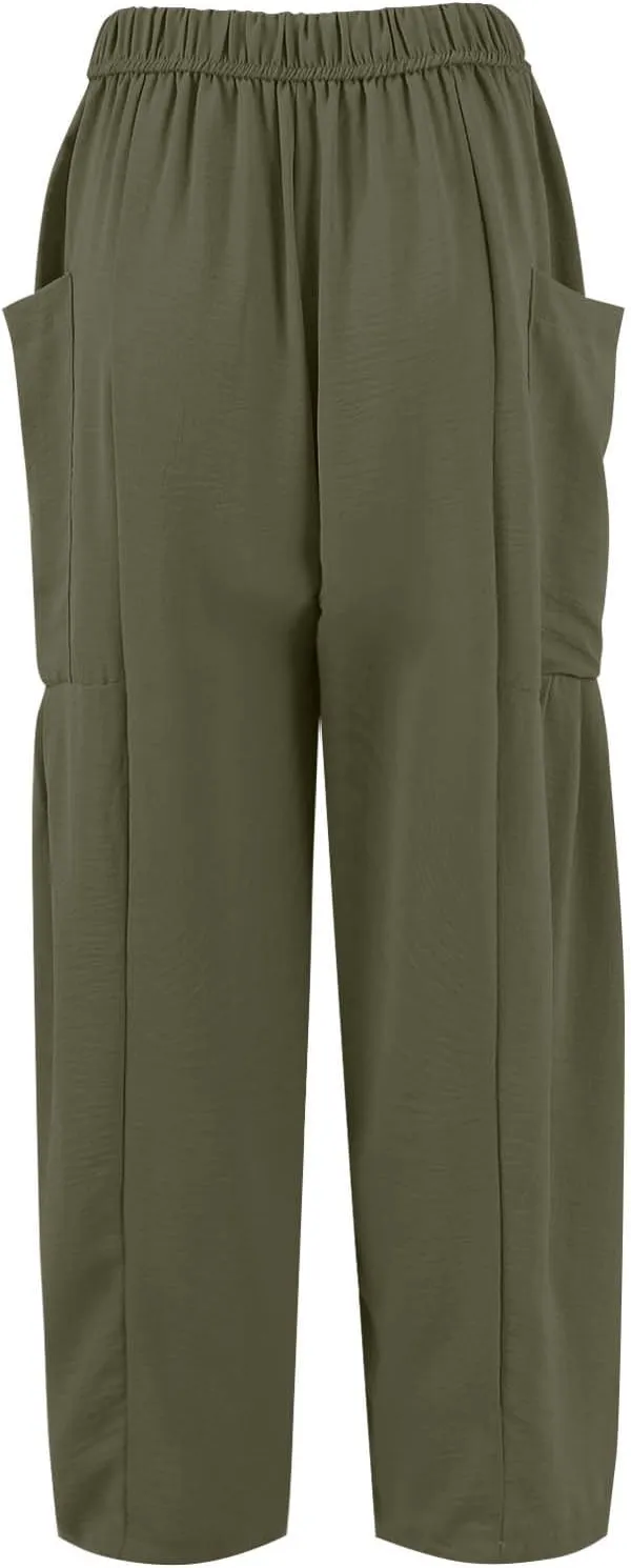Summer Casual Pants for Women Linen Drawstring Loose Wide Leg Pants Flowy High Waisted Solid 2025 Trouser Multi-Pocket