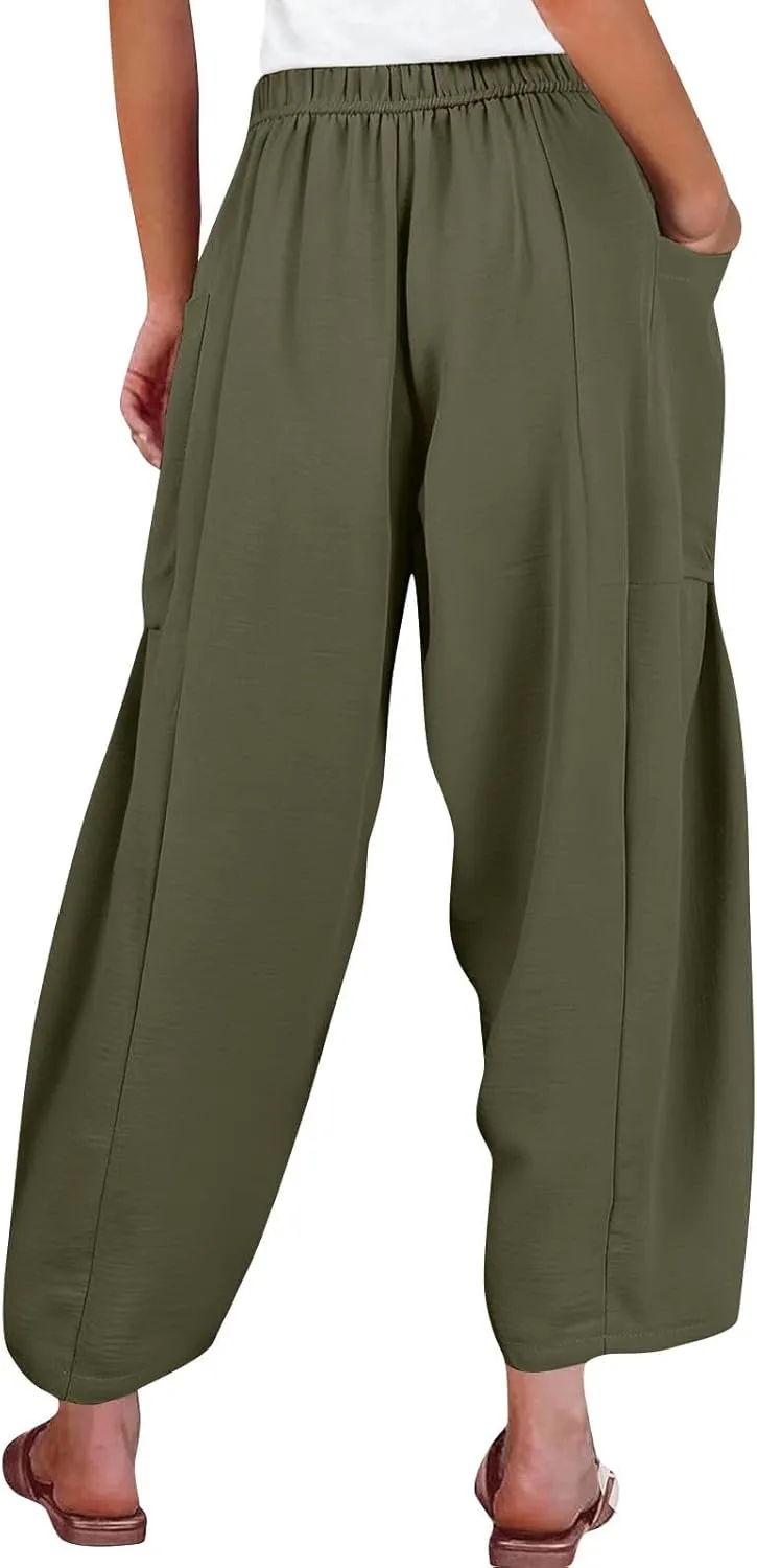 Summer Casual Pants for Women Linen Drawstring Loose Wide Leg Pants Flowy High Waisted Solid 2025 Trouser Multi-Pocket