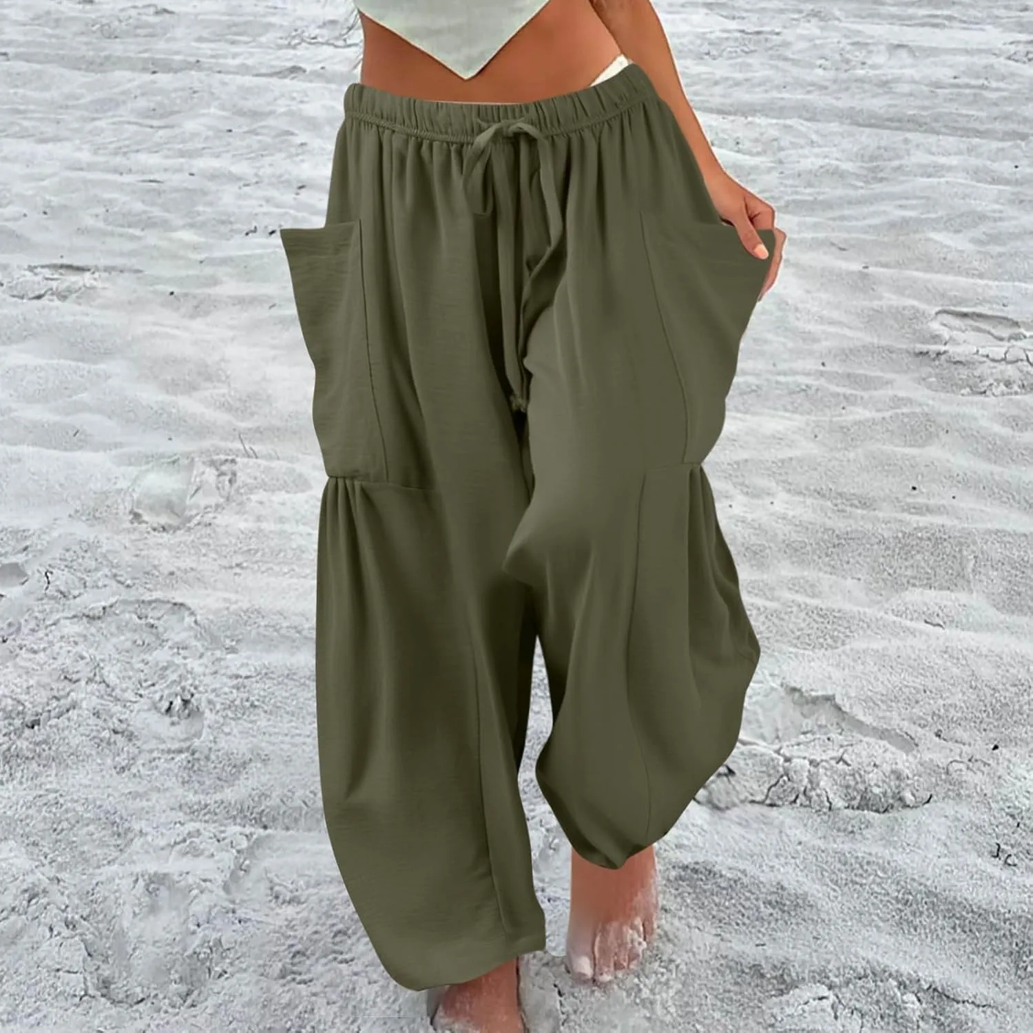 Summer Casual Pants for Women Linen Drawstring Loose Wide Leg Pants Flowy High Waisted Solid 2025 Trouser Multi-Pocket