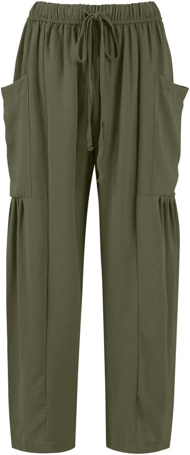 Summer Casual Pants for Women Linen Drawstring Loose Wide Leg Pants Flowy High Waisted Solid 2025 Trouser Multi-Pocket