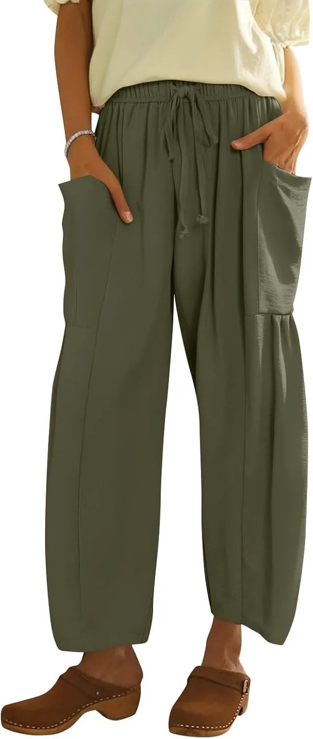 Summer Casual Pants for Women Linen Drawstring Loose Wide Leg Pants Flowy High Waisted Solid 2025 Trouser Multi-Pocket