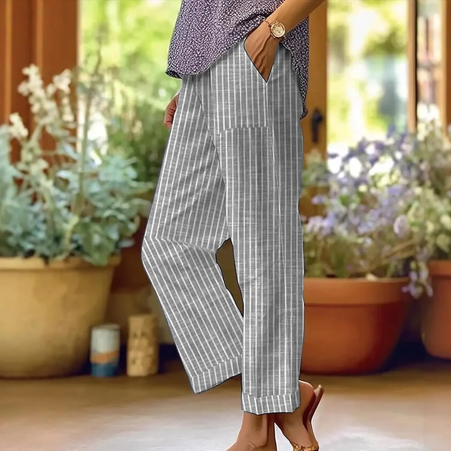 Summer Casual Wide Leg Linen Pants for Women High Waist Comfy Baggy Palazzo Pants Boho Floral Print Beach Trousers