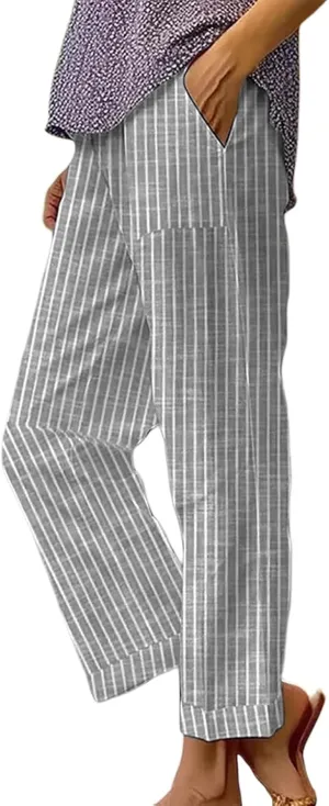 Summer Casual Wide Leg Linen Pants for Women High Waist Comfy Baggy Palazzo Pants Boho Floral Print Beach Trousers