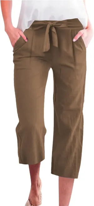Summer Cotton Linen Capri Pants for Women Straight Wide Leg Cropped Trousers with Drawstring Waist Causal Summer Pant