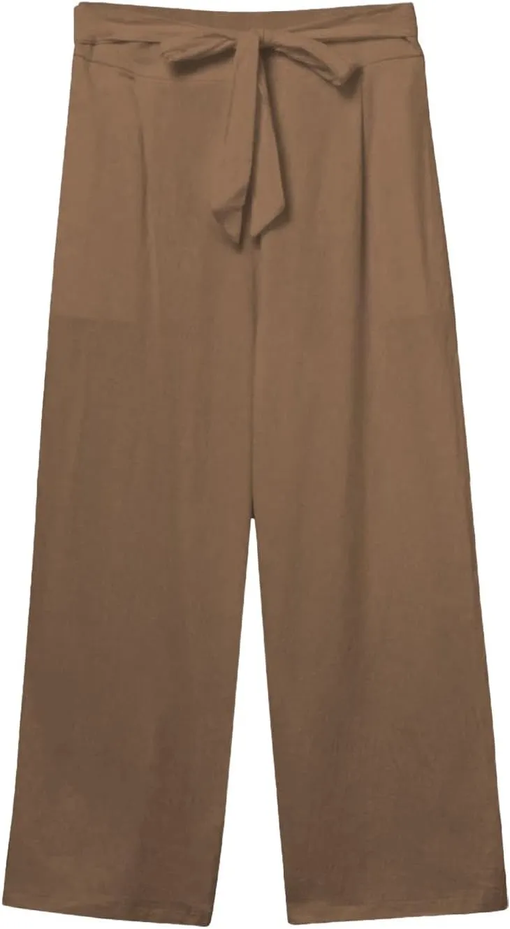 Summer Cotton Linen Capri Pants for Women Straight Wide Leg Cropped Trousers with Drawstring Waist Causal Summer Pant