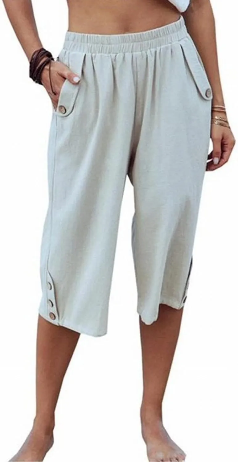 Summer Linen Cropped Trousers for Women Elastic Waist Button Fly Comfy Solid Color Capri Pants Quick Dry Running Sweatpants