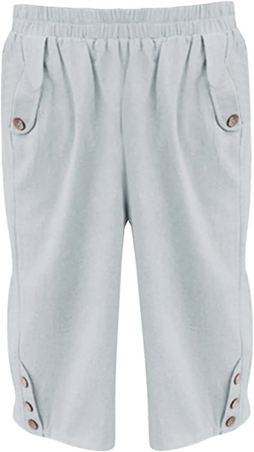 Summer Linen Cropped Trousers for Women Elastic Waist Button Fly Comfy Solid Color Capri Pants Quick Dry Running Sweatpants