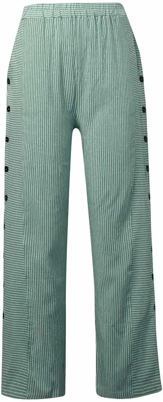 Summer Pants for Women Striped Printed Side Button Pants Baggy Elastic Waist Straight Leg Trousers with Pocket