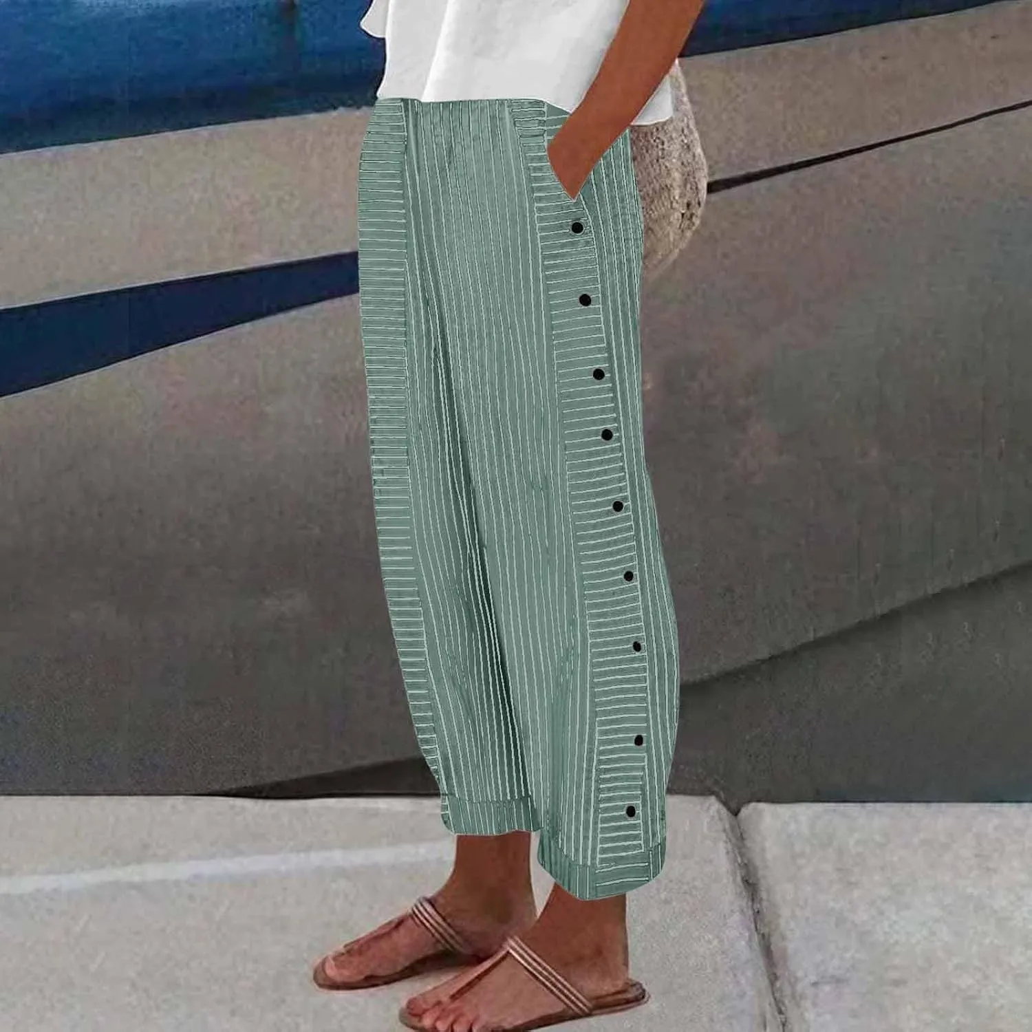 Summer Pants for Women Striped Printed Side Button Pants Baggy Elastic Waist Straight Leg Trousers with Pocket