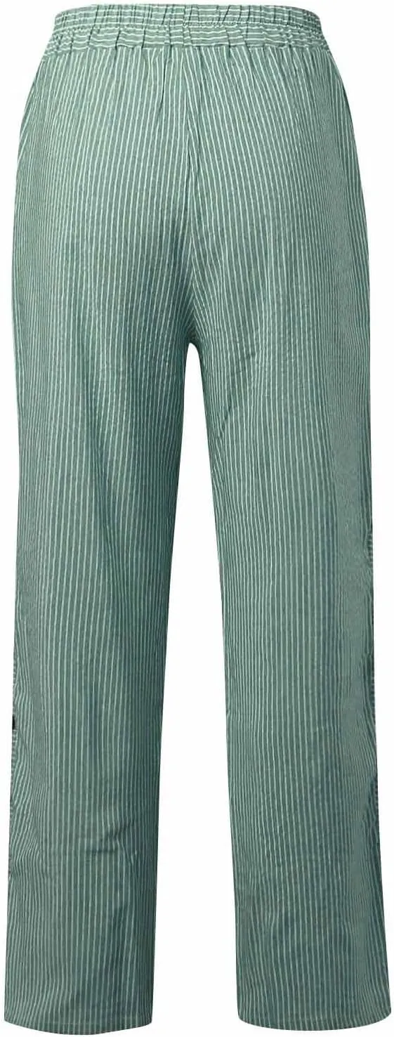 Summer Pants for Women Striped Printed Side Button Pants Baggy Elastic Waist Straight Leg Trousers with Pocket