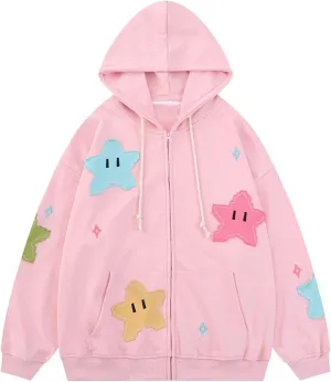Sunwittafy Women Aesthetic Star Graphic Hoodie Y2k Zip Up Long Sleeve Oversized Sweatshirt Goth Jacket Vintage Streetwear