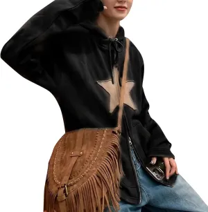 Sunwittafy Women's Y2k Zip Up Hoodie Star Print Hooded Sweatshirt Oversized Long Sleeve Jacket Harajuku Casual Streetwear