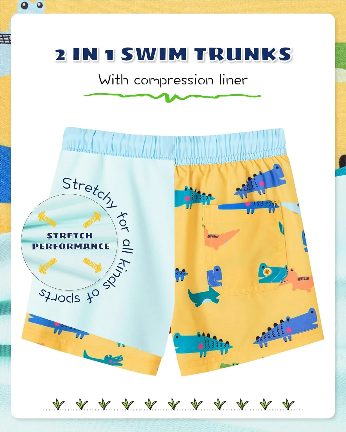 SURF CUZ Boys Swim Trunks with Boxer Brief Liner Toddler Boy Stretch Swimsuit Shorts Quick Dry Swimming Trunks Bathing Suit