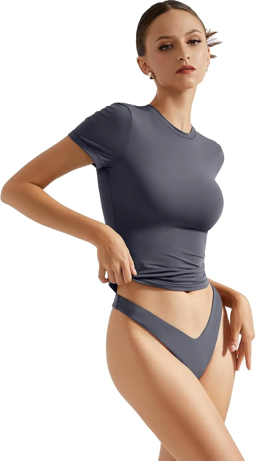 SUUKSESS Women Double Lined Fitted Basic Tee Crew Neck Short Sleeve Y2K Crop Top