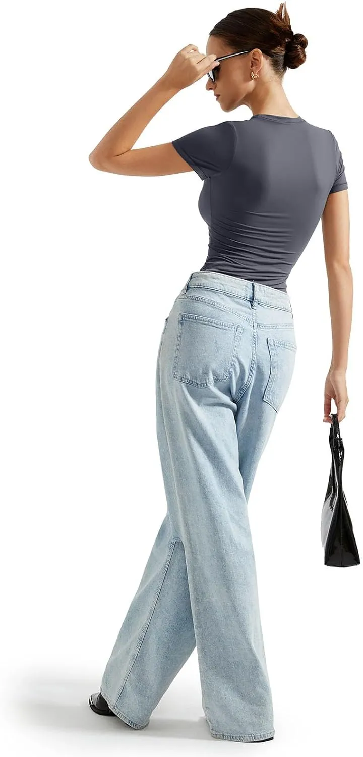 SUUKSESS Women Double Lined Fitted Basic Tee Crew Neck Short Sleeve Y2K Crop Top