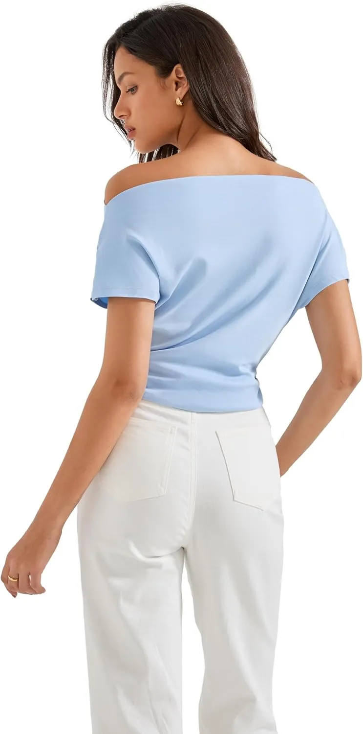 SUUKSESS Women Off The Shoulder Summer Tops One Shoulder T Shirt Casual Short Sleeve Boat Neck Tees