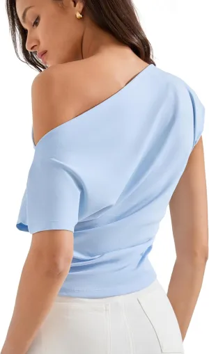SUUKSESS Women Off The Shoulder Summer Tops One Shoulder T Shirt Casual Short Sleeve Boat Neck Tees