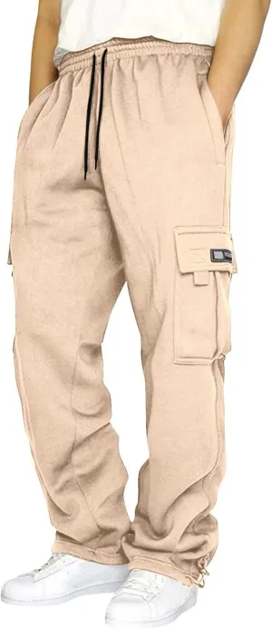 Sweatpants for Men Fashion Personalized Casual Solid Color Tie Multi-Pocket Drawstring Cargo Pants Trousers