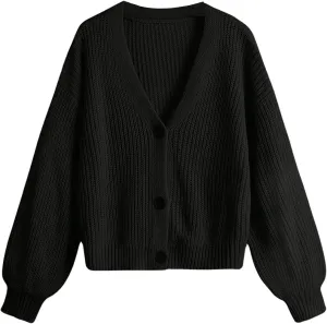 SweatyRocks Girl's Long Sleeve Drop Shoulder V Neck Button Front Ribbed Knit Cardigan Sweaters